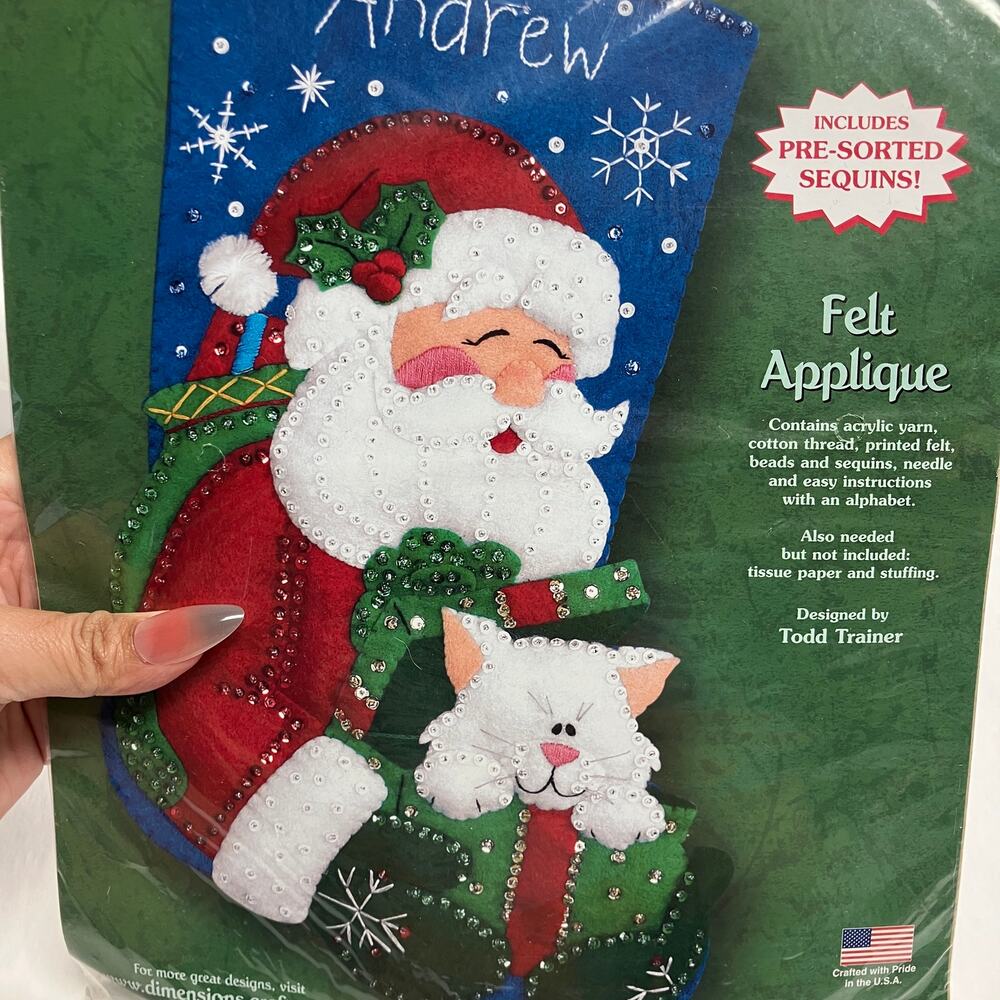 Vintage Dimensions Feltworks Santa & Kitty Felt Stocking Embroidery Kit